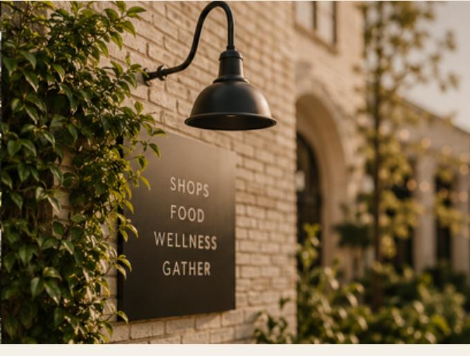 Shops, food, wellness, gather signage